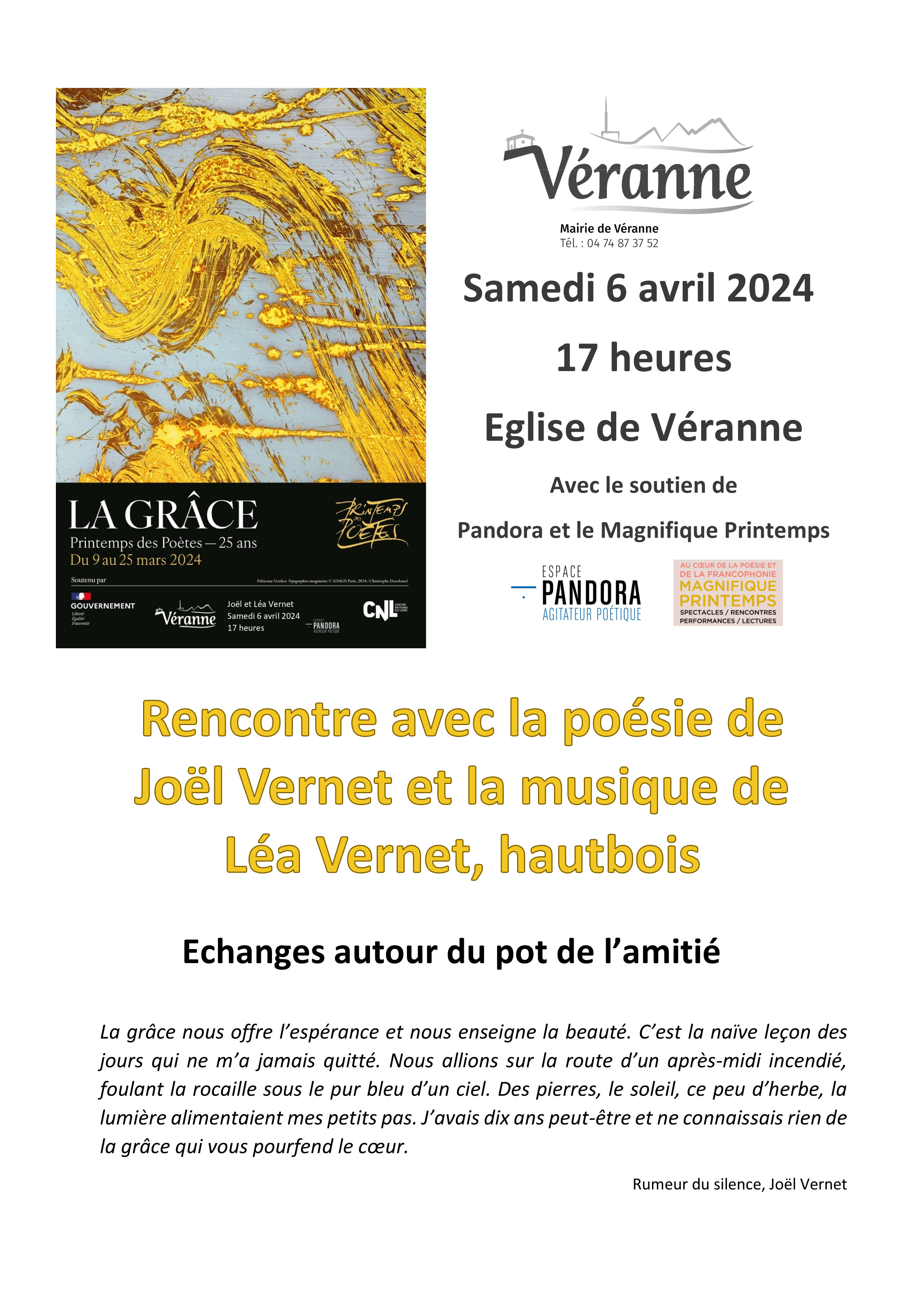Printemps de poetes à Véranne : rencontre avec Joel Vernet et la musique de Léa Vernet au Hautbois le samedi 6 avril à 17h à l'égise de Véranne